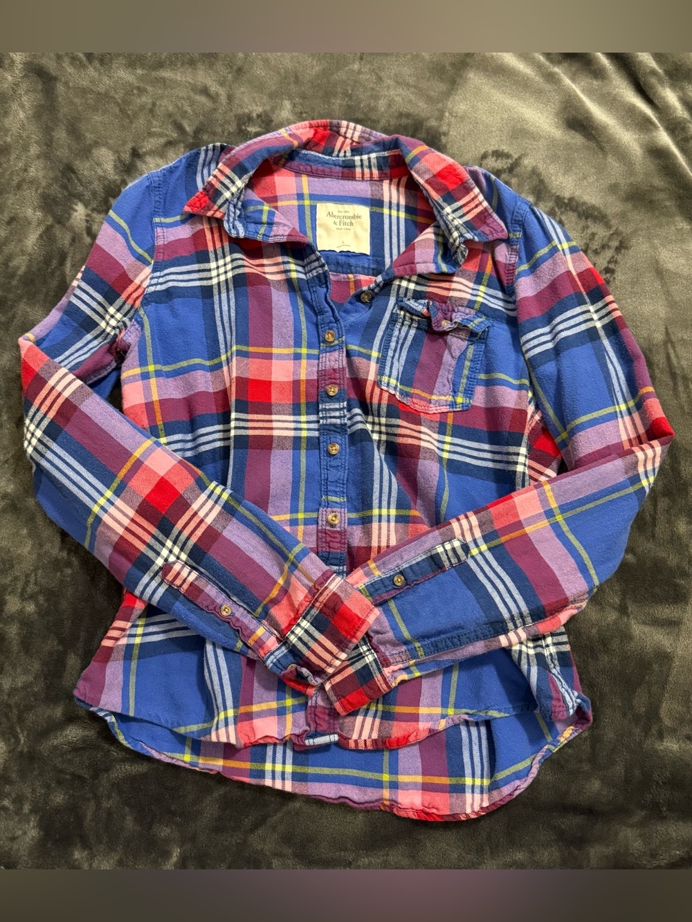 Abercrombie & Fitch Blue Plaid Button-Down Shirt with Pink & Red Accents